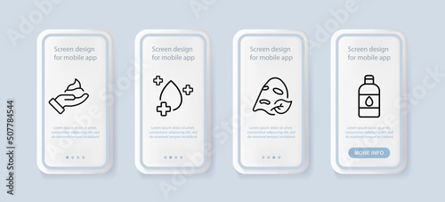 Cosmetology set icon. Hand, cream, healing, face mask, eco, moisturizer, liquid, cream, bottle, beauty. Self care concept. UI phone app screens. Vector line icon for Business and Advertising