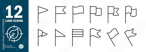 Flags set icon. Mark, pointer, waving, banner, reach the target, success, successful. Goal concept. Vector line icon for Business and Advertising