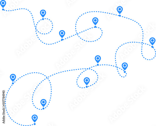Airplane path in a dotted line shape. Path travel line shapes. Airplane line path travel icon. two points with dotted path and location pin, planes travel dot line