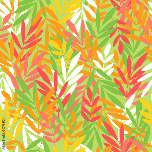 Botanical vector background. Cute colorful seamless pattern with hand drawn leaves and branches. Simple trendy floral print for fabric, wallpaper, stationery, wrapping paper