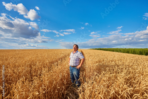 Satisfied mature farmer touching with care his ripe wheat field © Ryzhkov Oleksandr