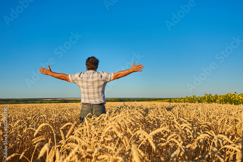 An adult man in a farm field among ripe cereals and raised his arms to the sides.