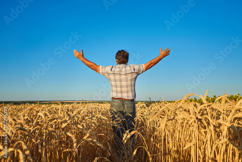 Happy farmer proudly standing in wheat field. Agronomist wearing corporate uniform, looking at camera on farmland.