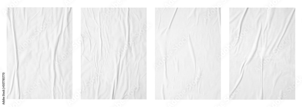 white crumpled and creased paper poster texture set background