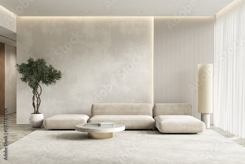 Contemporary interior with sofa, wall panel and decor. 3d render illustration mockup.