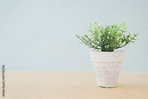 Fototapeta Naklejka Na Ścianę i Meble -  green fake tree in grunge little white pot on wooden desk with blue background included copy space,  simplicity concept
