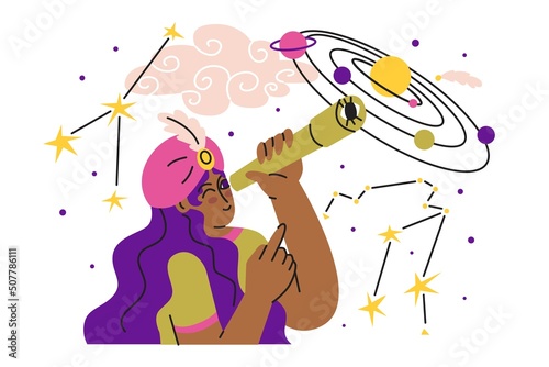 Astrologer observes the positions of the planets. Astrology and business. Drawing up a horoscope according to the natal chart. Consultation of clients. Flat style in vector illustration.