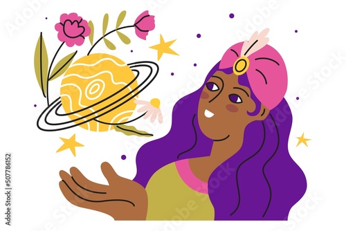 Girl astrologer. Astrology and business. Drawing up a horoscope according to the natal chart. Consultation of clients according to the sign of the zodiac. Flat style in vector illustration.