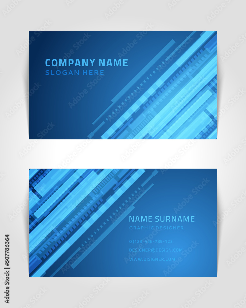 Fototapeta premium Abstract business card with linear shapes and dots vector banner. Techno blue stripes template with creative gradient dust. Vibrant textures in muted colors with elements geometric transitions.