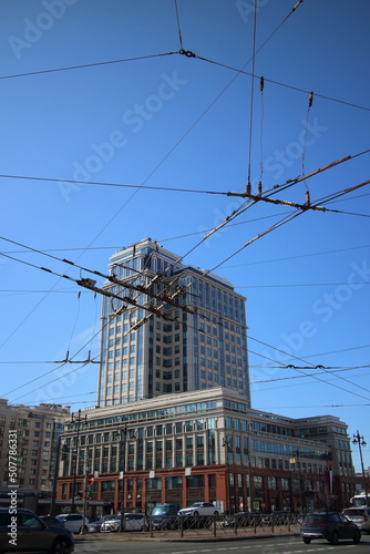trolleybus wires on a city street