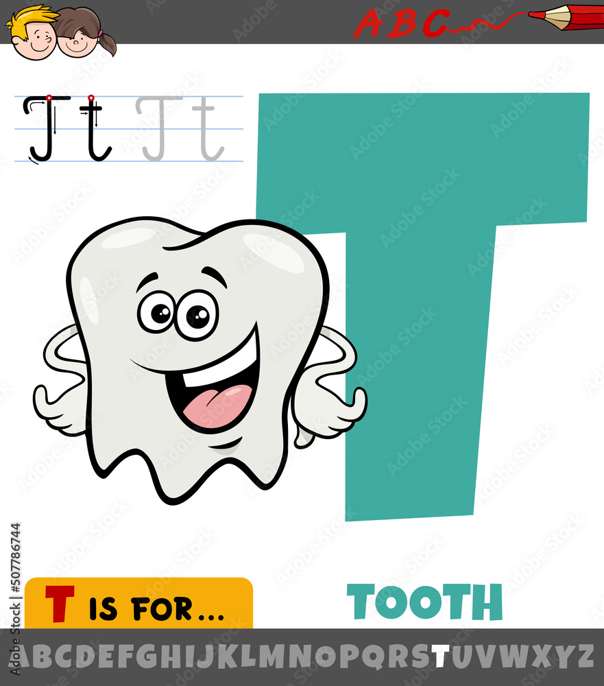 letter T from alphabet with cartoon tooth character letter T from alphabet with cartoon tooth character