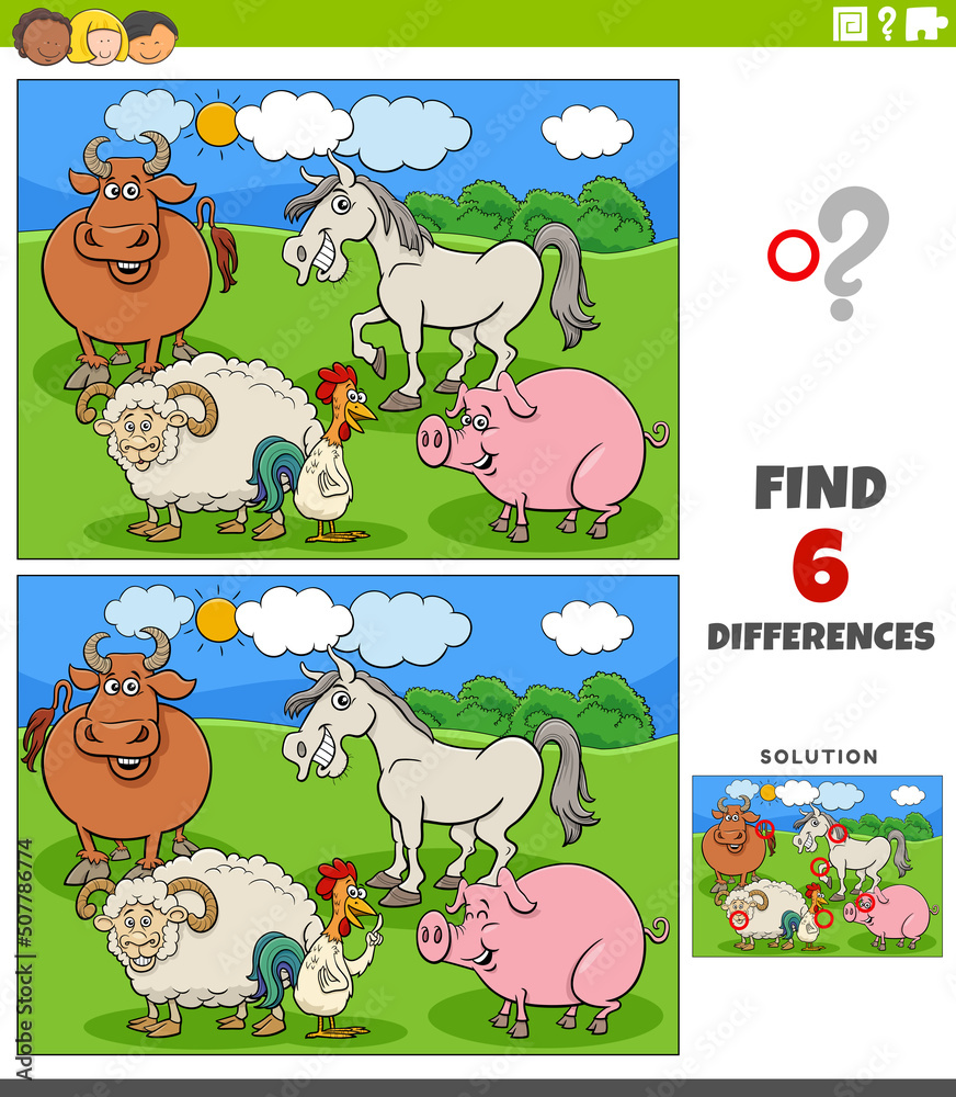 differences game with cartoon farm animal characters group differences game with cartoon farm animal characters group