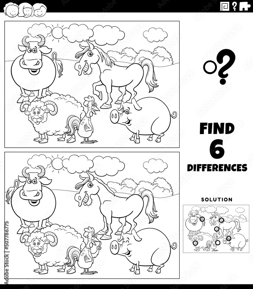 differences game with cartoon farm animals coloring book page differences game with cartoon farm animals coloring book page
