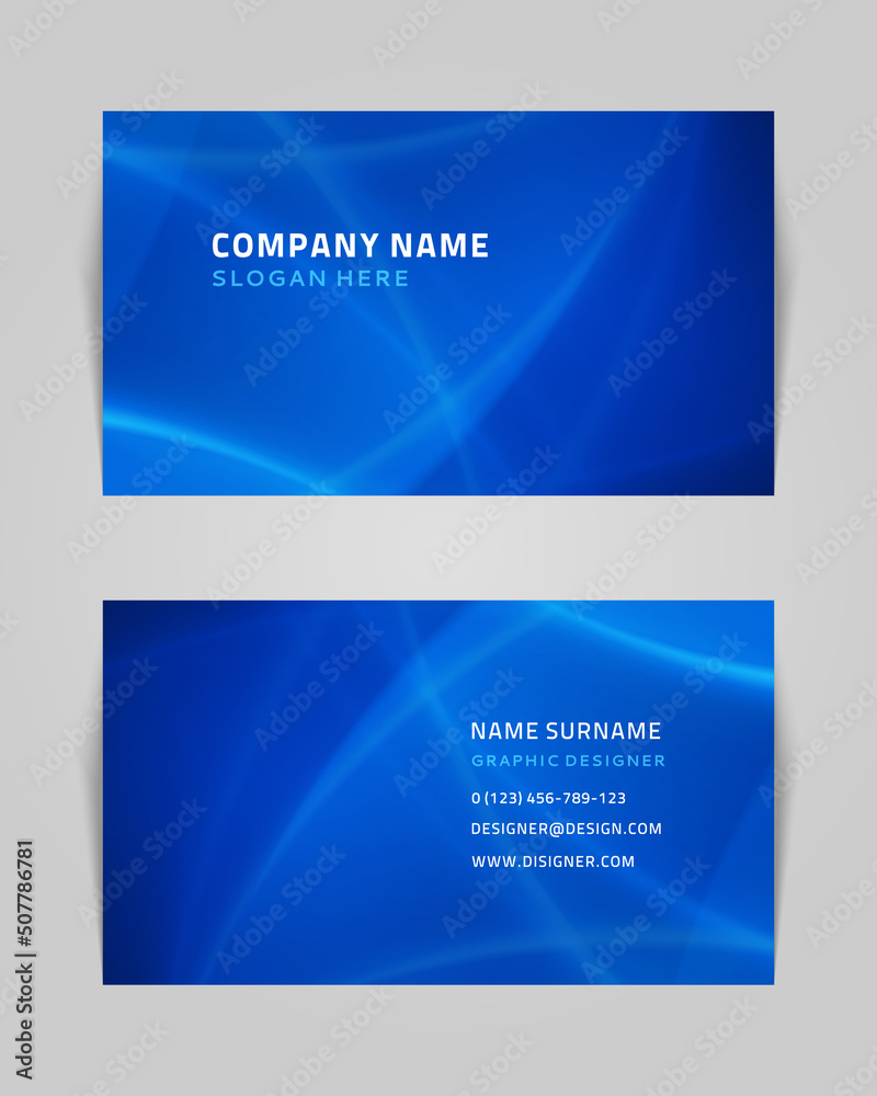 Abstract business card with spiral swirls vector template. Blue geometric lines futuristic gradient dance. Creative trendy textures in muted colors. Modern fantastic branding with opening tracery.