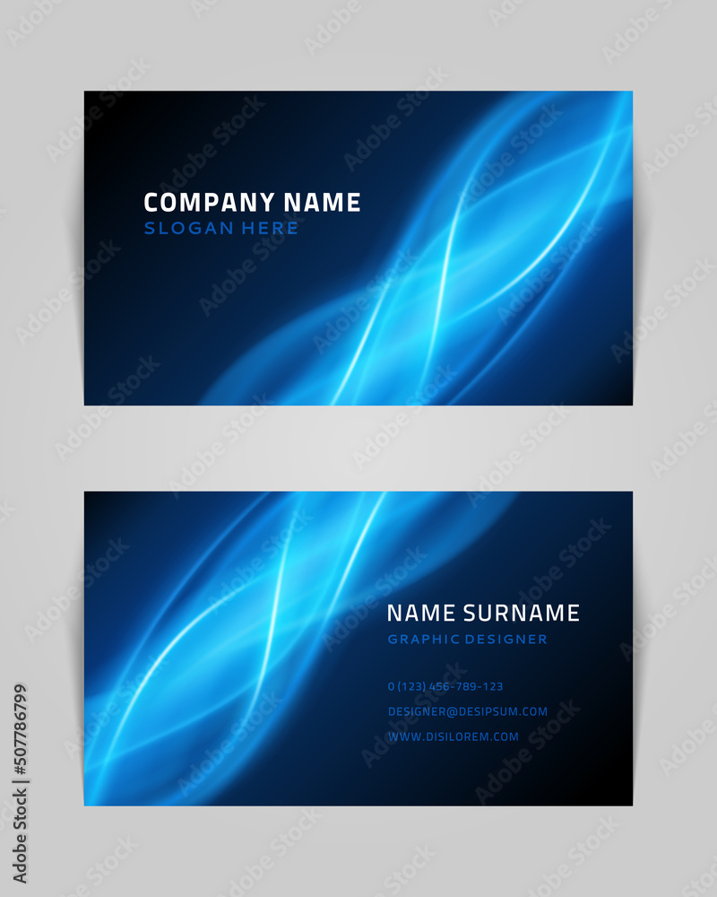 Abstract business card with blue waves vector template. Blue geometric lines futuristic gradient dance. Creative trendy textures in muted colors. Modern fantastic branding with opening tracery.