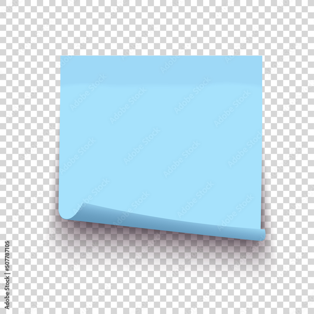 Vector illustration of empty blue sticky note on wall. Transparent  background, realistic shadows. Stock Vector
