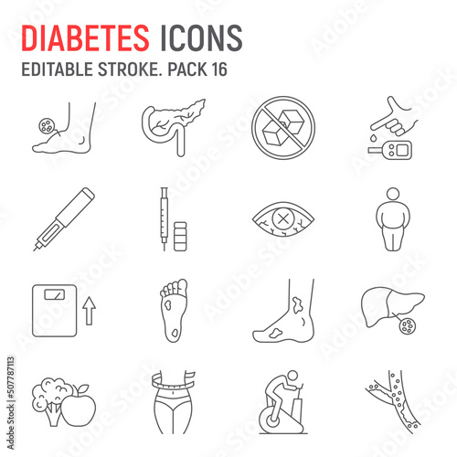 Diabetes disease line icon set, diabetic collection, vector graphics, logo illustrations, diabetes disease vector icons, diabetic signs, outline pictograms, editable stroke