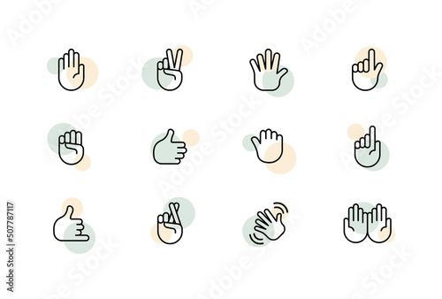 Hand gestures set icon. Stop, two, win, high five, point, index, fist, like, thumbs up, fingers crossed, call me, wave. Non verbal communication concept. Vector line icon for Business and Advertising