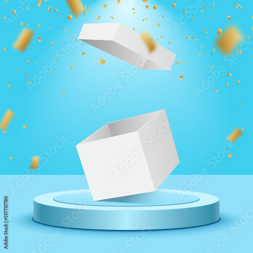 Realistic blue stage podium with white opened gift box and falling golden confetti. Beautiful vector illustration. Concept of festive, greeting and celebration. Blue retail display. 