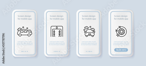 Car service set icon. Exhaust, smoke, wheel, tire, clean, shine, stars, wash. Technology concept. UI phone app screens. Vector line icon for Business and Advertising