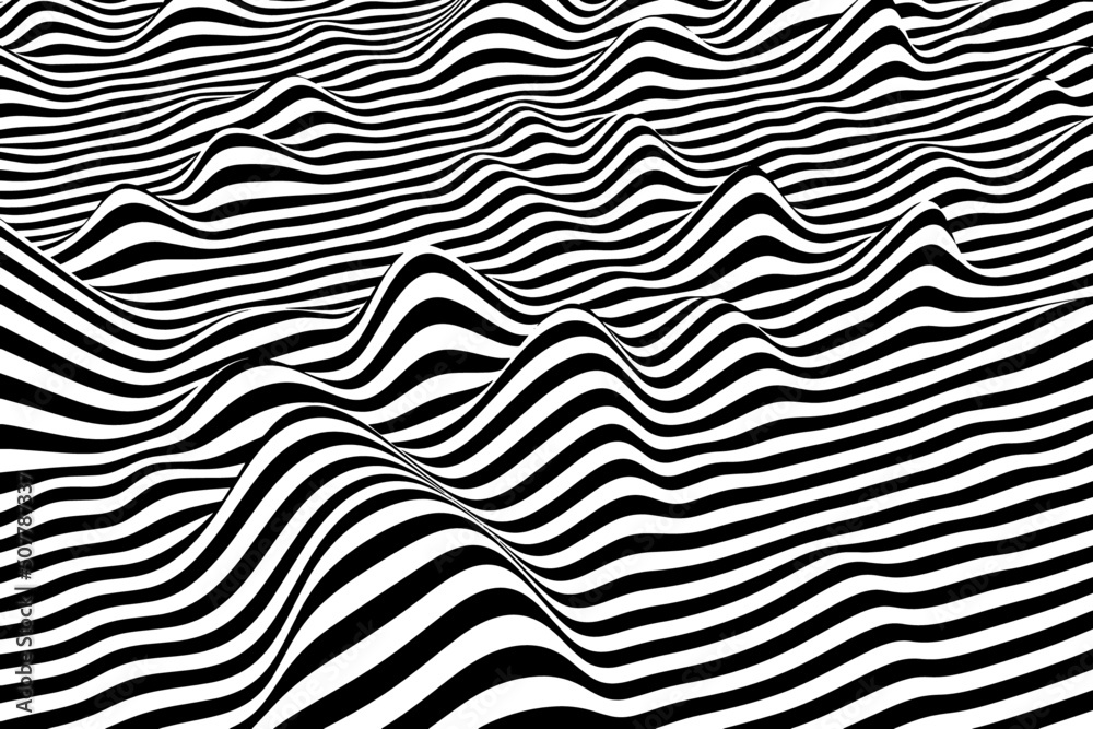 Liquid wavy stripes background. Abstract fluid texture. Black and white smooth curve lines texture. Stylish fashion pattern design