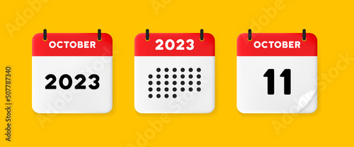 Calendar set icon. Calendar on a yellow background with eleven october, 2023, 11 number text. Reminder. Date management concept. Vector line icon for Business and Advertising