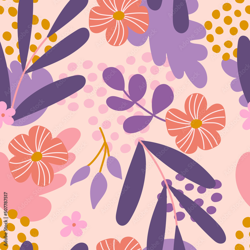Plants and flowers. Vector seamless pattern in flat style for fabric, packaging paper, postcards, wallpaper
