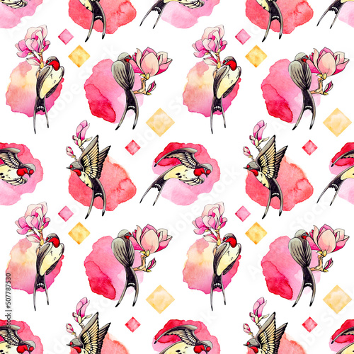 Fototapeta Naklejka Na Ścianę i Meble -  Seamless pattern of watercolor swallows and sakura tree. Decorative spring illustration on white backdrop with birds and flowers. Repeat ornament with abstract pink and yellow drops. Hand drawn print