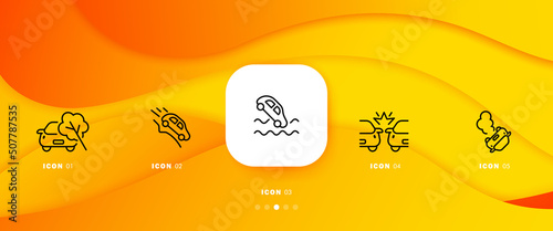 Accidents set icon. Car, falling tree, water, body of water, collision, crash, car overturned. Warning signs concept. Infographic timeline with icons and 5 steps Vector line icon for Business