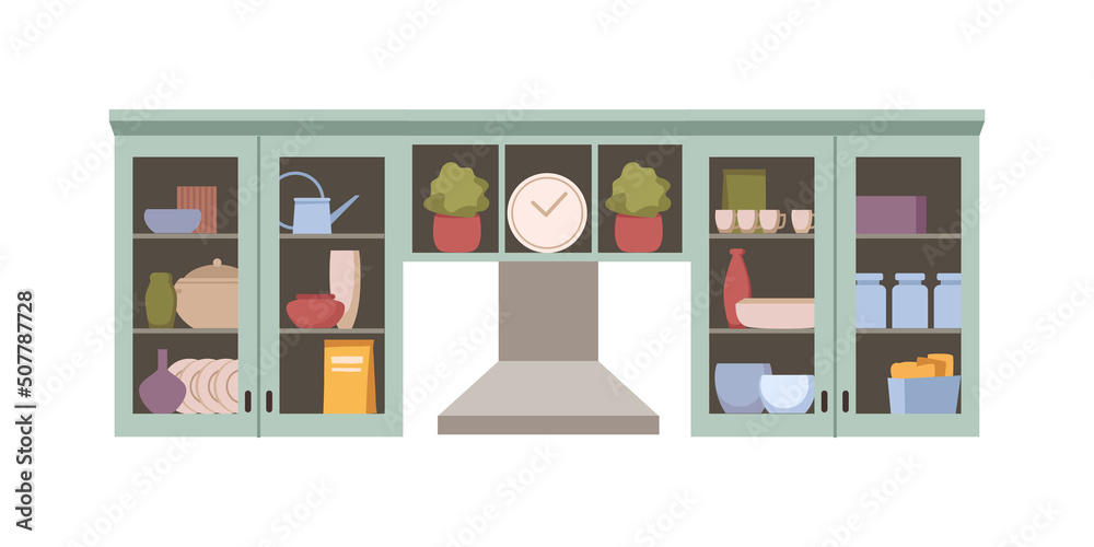 Furniture for kitchen interior design, shelves and cabinets for storage of bowls and dishware, decoration and art. Houseplants and clock, casserole and pans. Vector in flat style illustration