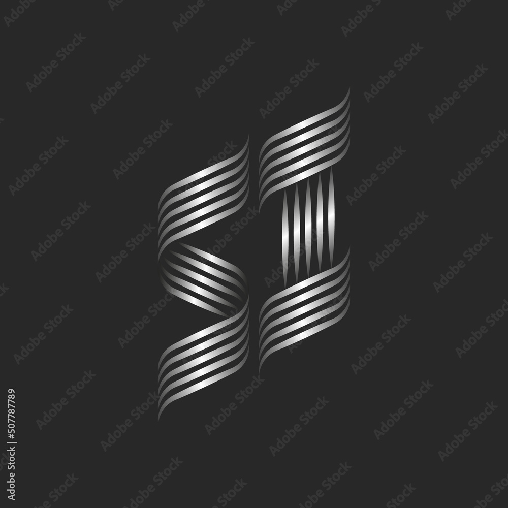 Fototapeta premium Smooth curves curls initials SI or IS union letters logo monogram, linked two letters S and I for boutique emblem, weaving thin metallic silver gradient parallel lines.