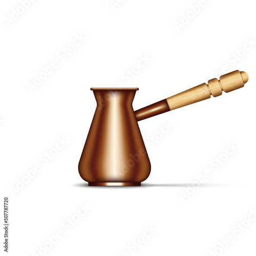 A copper cezve for to make Turkish coffee. Realistic 3d vector household utensil object isolated on the white background. Coffee maker ibriki with a wooden long-handled.