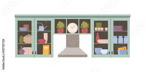 Fototapeta Naklejka Na Ścianę i Meble -  Furniture for kitchen interior design, shelves and cabinets for storage of bowls and dishware, decoration and art. Houseplants and clock, casserole and pans. Vector in flat style illustration