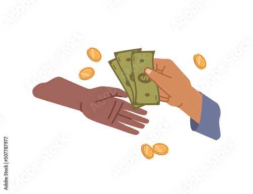 Person paying with cash banknote and coin dollars, isolated hand giving and taking. Financial operations and exchange. Charity and buying deal of two. Vector in flat style illustration