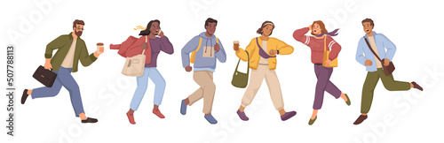Male and female characters hurrying up, isolated people in rush. Running and moving quickly and fast, person with bag on shoulder, student and teenagers. Vector in flat style illustration