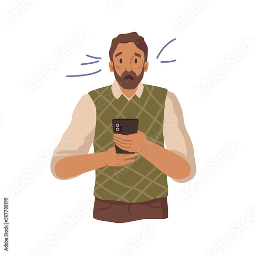 Anxiety, stress, bearded man shocked from bad news. Young unhappy worried male with smartphone in hands, upset guy reading message, flat cartoon character feeling panic and depression with something