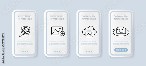 Taking pictures set icon. Edit photo, cloud storage, camera, circular arrow, magic wand, entertainment. Hobby concept. UI phone app screens. Vector line icon for Business and Advertising
