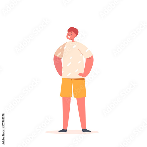 Happy Little Boy Wear T-shirt and Shorts Stand with Arms Akimbo. Child Character Smiling. Happy Emotion, Kid Positivity