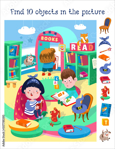 Find 10 hidden objects. Educational game for children. Vector color illustration. Cute children read books. Cartoon girl and boy in room with toys.
