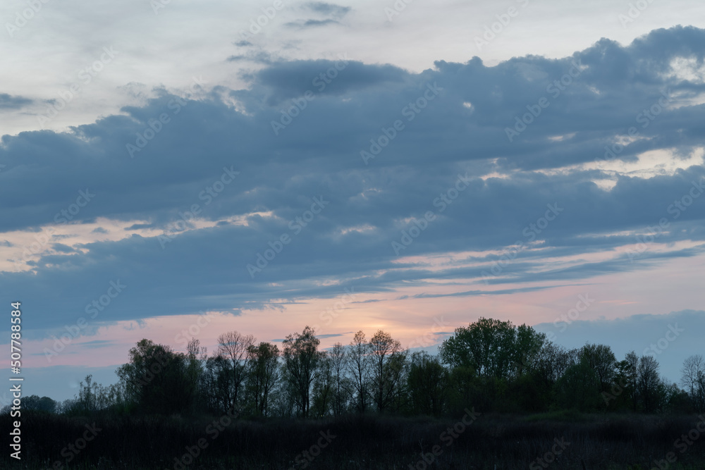 Big clouds above forest at twilight, calm natural landscape