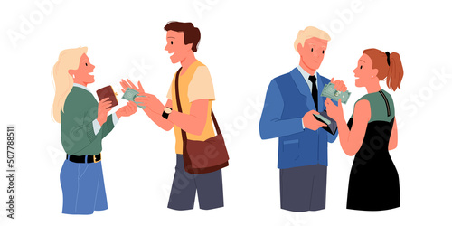 Financial support in family set vector illustration. Cartoon husband or wife giving money gift to partner, man and woman holding cash currency isolated on white. Alimony, salary, budget concept