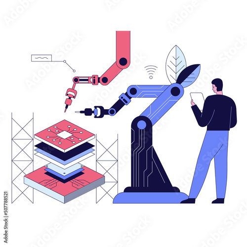 High tech factory engineer use computer for programming microchips and processors Developing modern technology for medical and high precision electronics Industrial concept Vector illustration