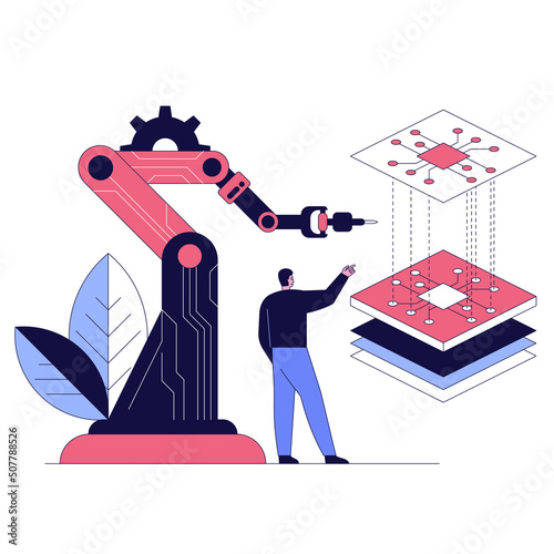 High tech factory engineer use computer for programming microchips and processors Developing modern technology for medical and high precision electronics Industrial concept Vector illustration