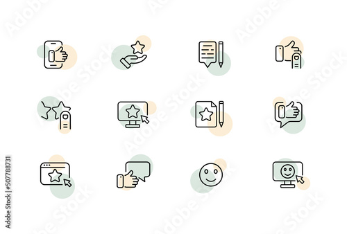 Reward set icon. Phone, like, thumbs up, comment, note, review, star, rating, article, speech bubble, emoticon, computer. Feedback concept. Vector line icon for Business and Advertising
