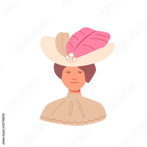 Portrait of Beautiful Lady in Historical Vintage Dress and Hat with Pink Feathers. 19th Century Woman in Elegant Clothes
