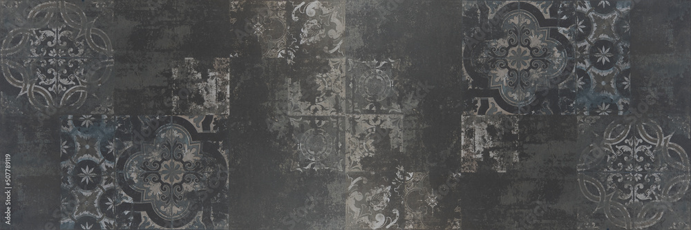 Fototapeta premium Old black anthracite gray grey vintage worn geometric arabesque shabby mosaic ornate patchwork motif porcelain stoneware tiles stone concrete cement wall texture background panorama