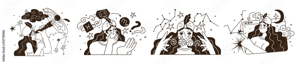 Set. Astrology and business concept. Drawing up a horoscope according to the natal chart. Consultation of clients according to the sign of the zodiac. Flat style in vector illustration.