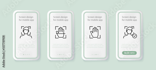 Biometric data set icon. Fingerprint, face id, recognition, hand, approved, allowed, person, checkmark. Technology concept. UI phone app screens. Vector line icon for Business and Advertising