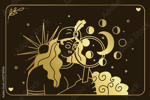 An astrologer examines the phases of the moon. Find out fate by the location of the moon. Astrology and business. Drawing up a horoscope according to the natal chart. Flat style. Vector illustration.