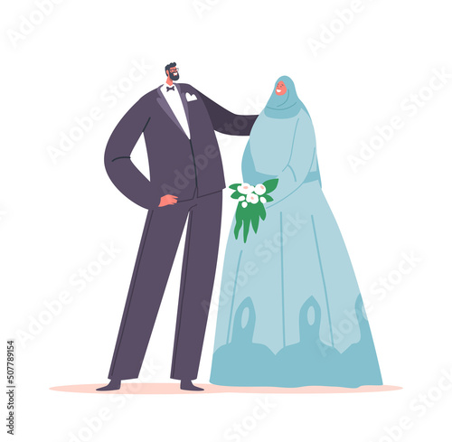 Newlywed Arab Man and Woman Wear Traditional Festive Clothes. Happy Smiling Islamic Couple Marriage Celebration